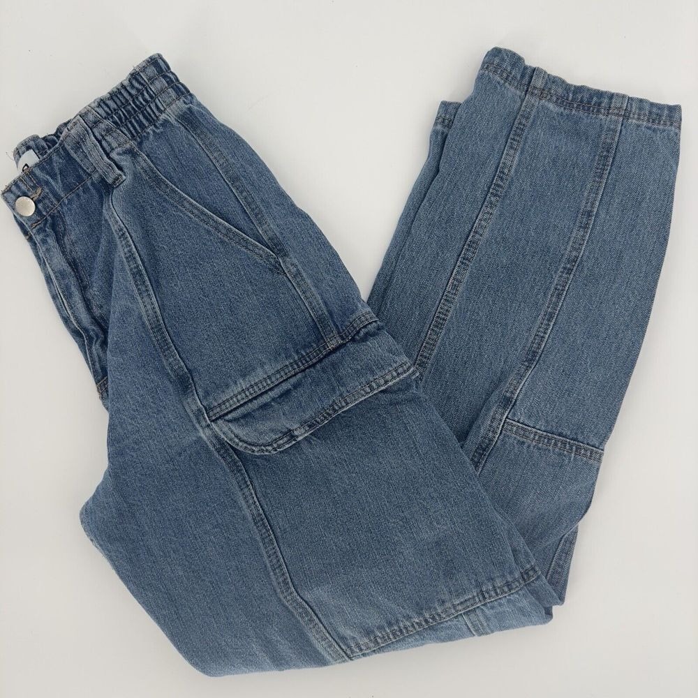 Forever 21 Womens Medium Wash Blue Denim Cargo‎ Utility Pants Seam Detail Size S